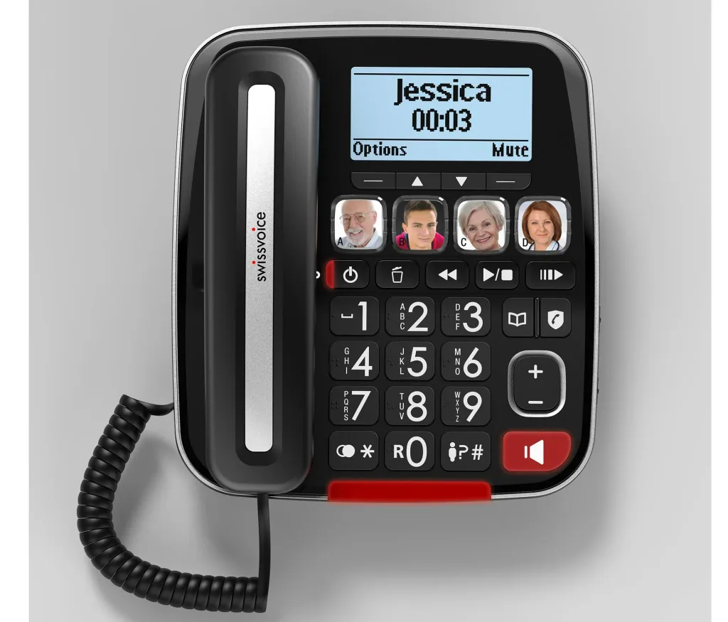 Senior cordless phone with large buttons and hearing aid compatibility