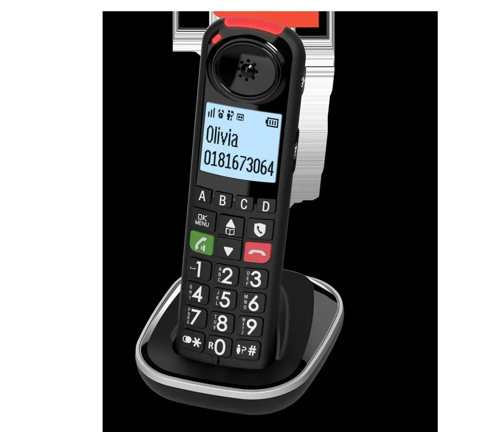 Senior cordless phone with large buttons and hearing aid compatibility