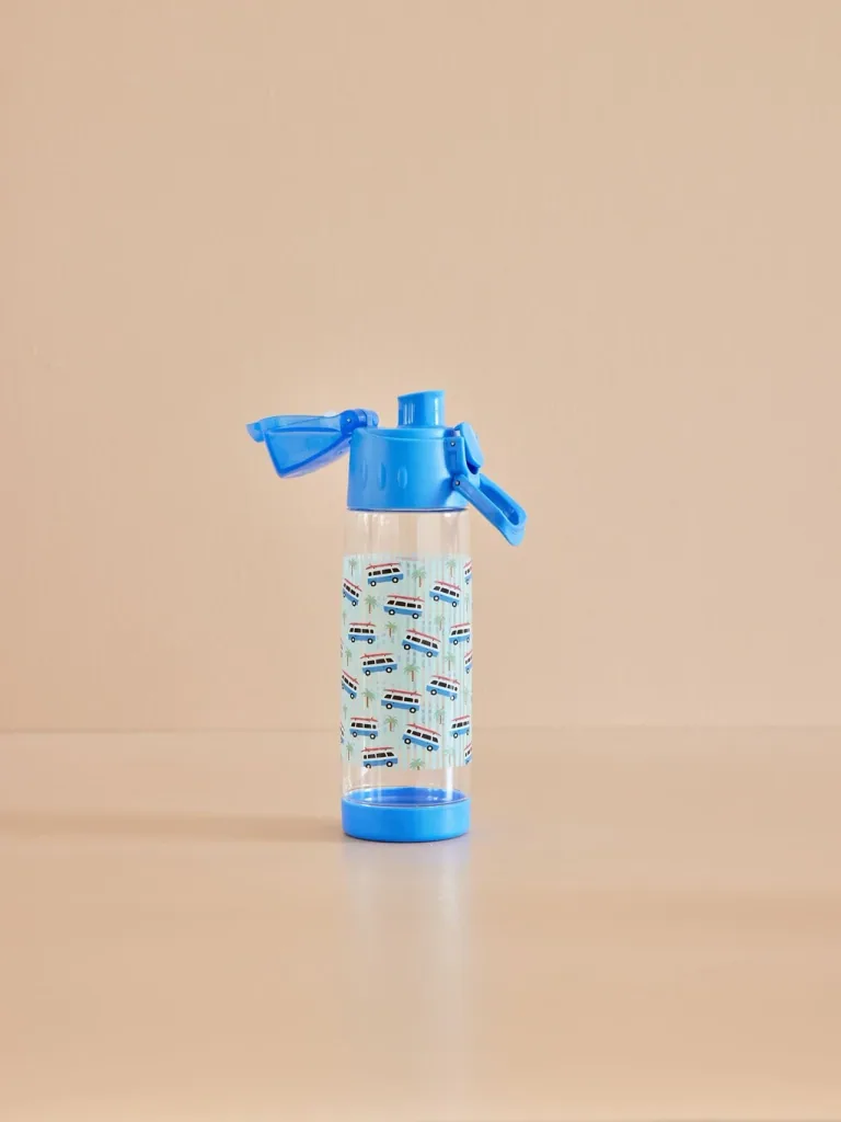 RICE Kids' Water Bottle - Car Print - Blue, 500 ml, Plastic
