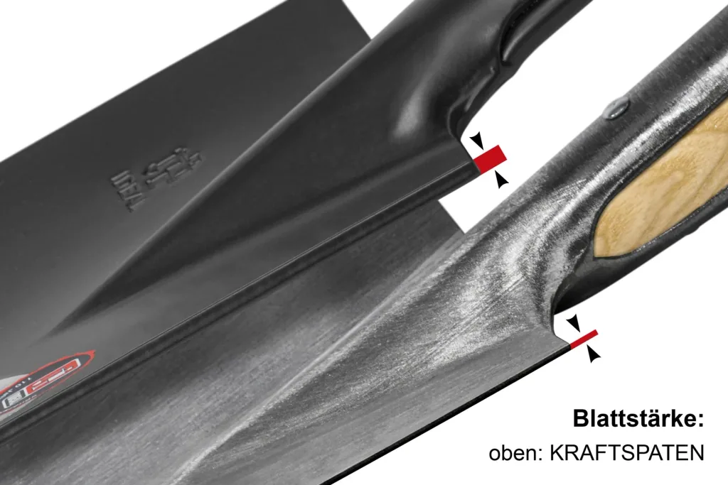 Spade, power spade, blade thickness 5 mm, powder-coated, ground blade, wooden knob, steel tube handle 92 cm