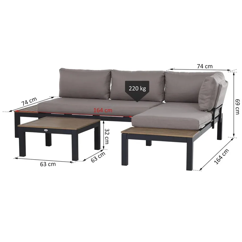 3-piece garden furniture set with side table, sofa with cushions, outdoor, aluminum, 164 x 74 x 69 cm