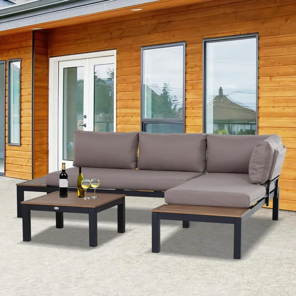 3-piece garden furniture set with side table, sofa with cushions, outdoor, aluminum, 164 x 74 x 69 cm