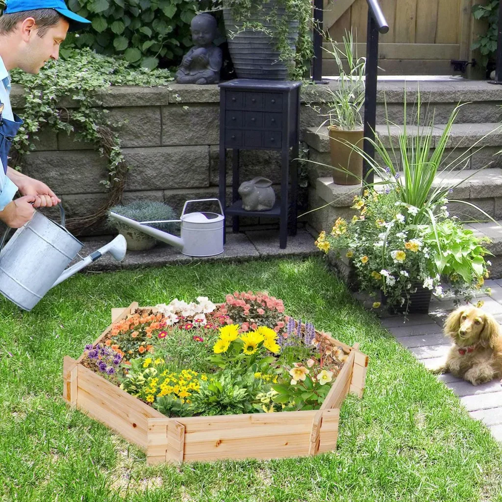 Raised bed hexagonal DIY planter planter made of wood for garden balcony natural 100 x 92 x 16 cm