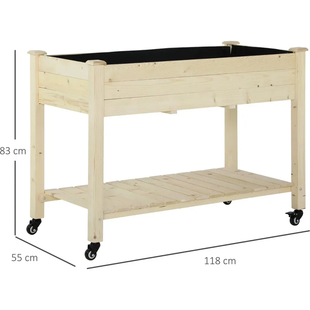 Raised bed with wheels and natural shelf