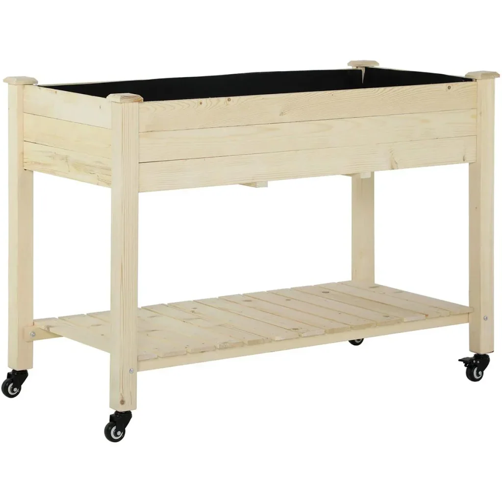 Raised bed with wheels and natural shelf