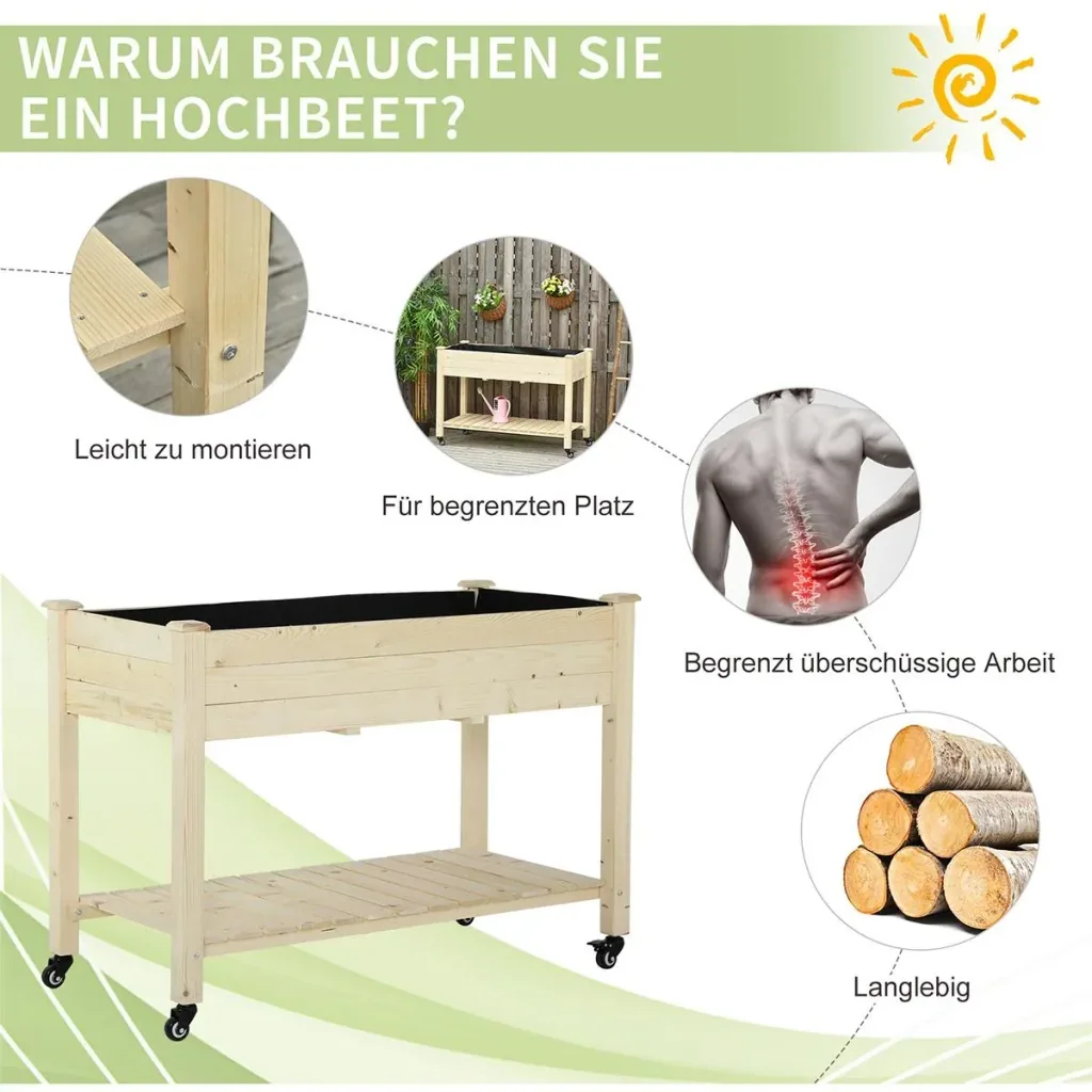 Raised bed with wheels and natural shelf