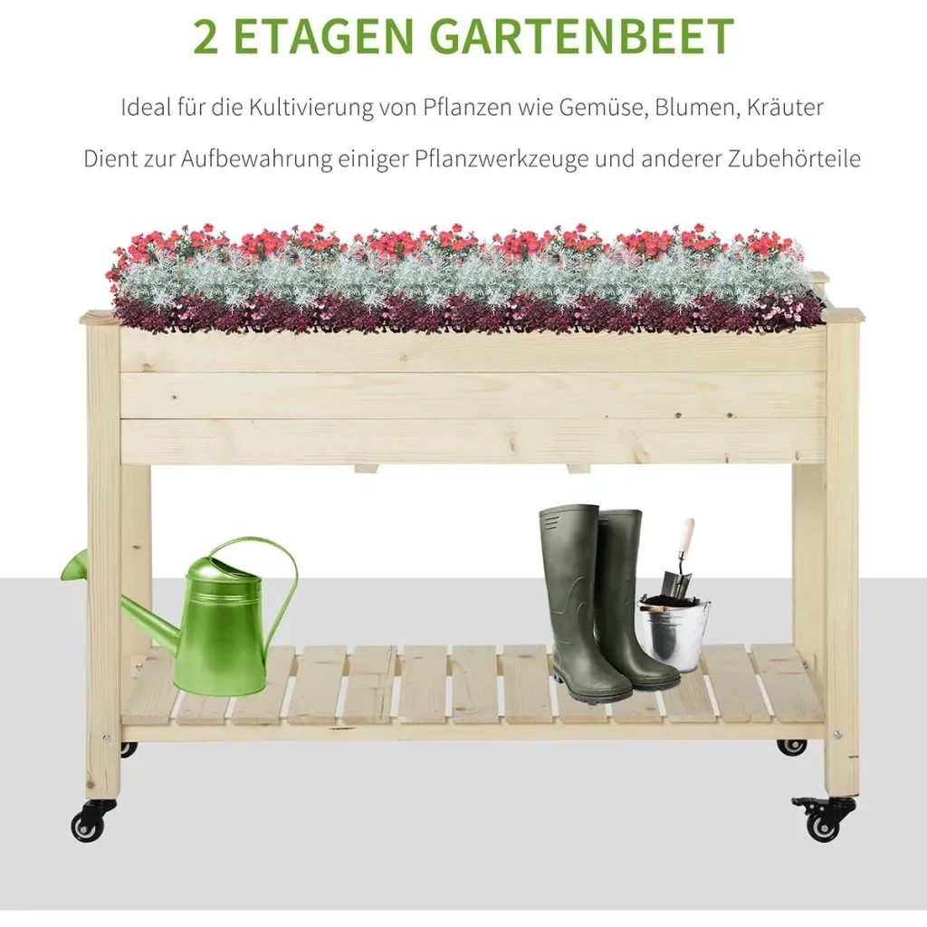 Raised bed with wheels and natural shelf