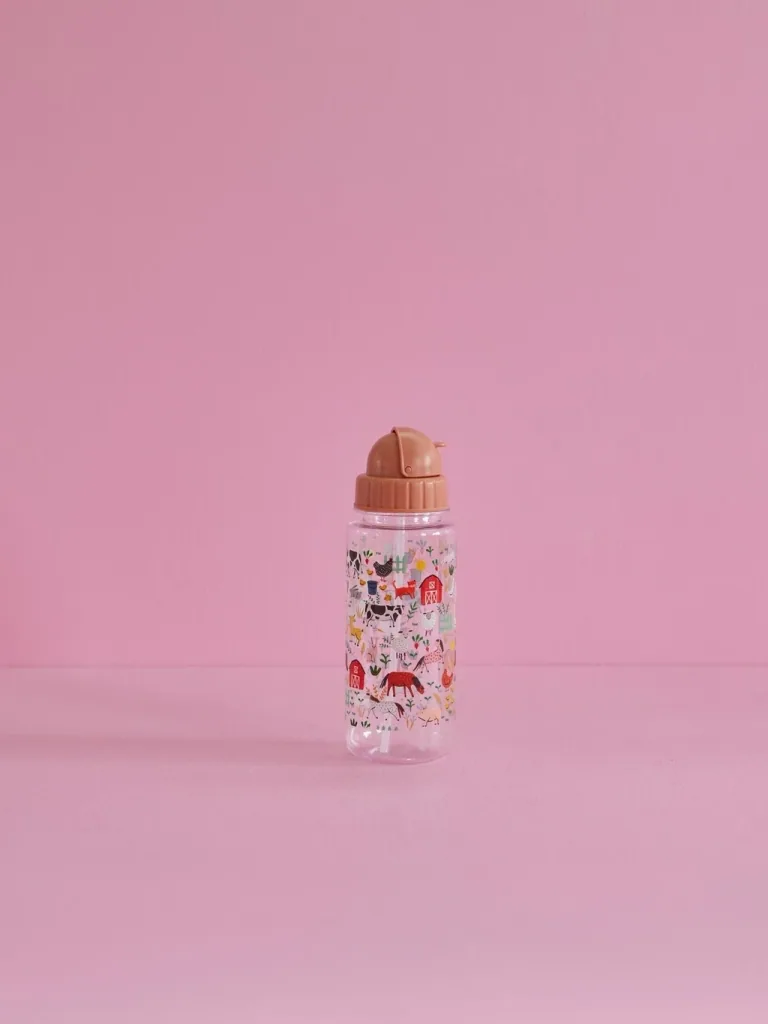 RICE Kids Water Bottle - Farm Print, 450 ml, plastic