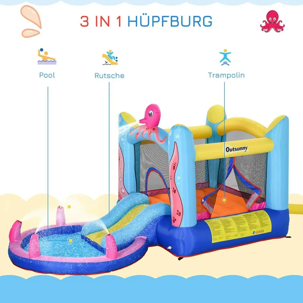 Inflatable bouncy castle with slide for 3 children Castle jumping castle with blower Play castle playhouse for 3-8 years kindergarten
