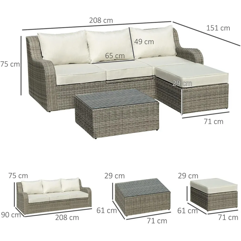 Three-piece rattan-look sofa set with folding side table, light grey+beige