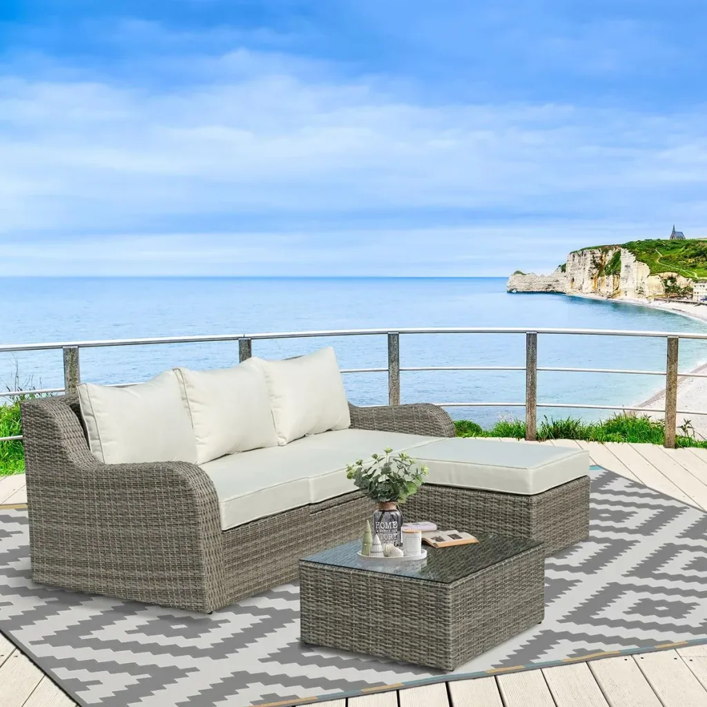 Three-piece rattan-look sofa set with folding side table, light grey+beige