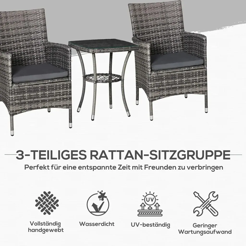Three-piece rattan-look sofa set with folding side table, light grey+beige
