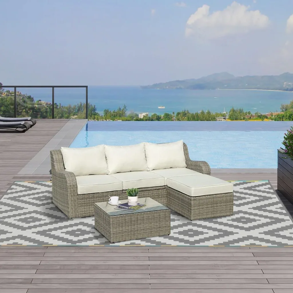 Three-piece rattan-look sofa set with folding side table, light grey+beige