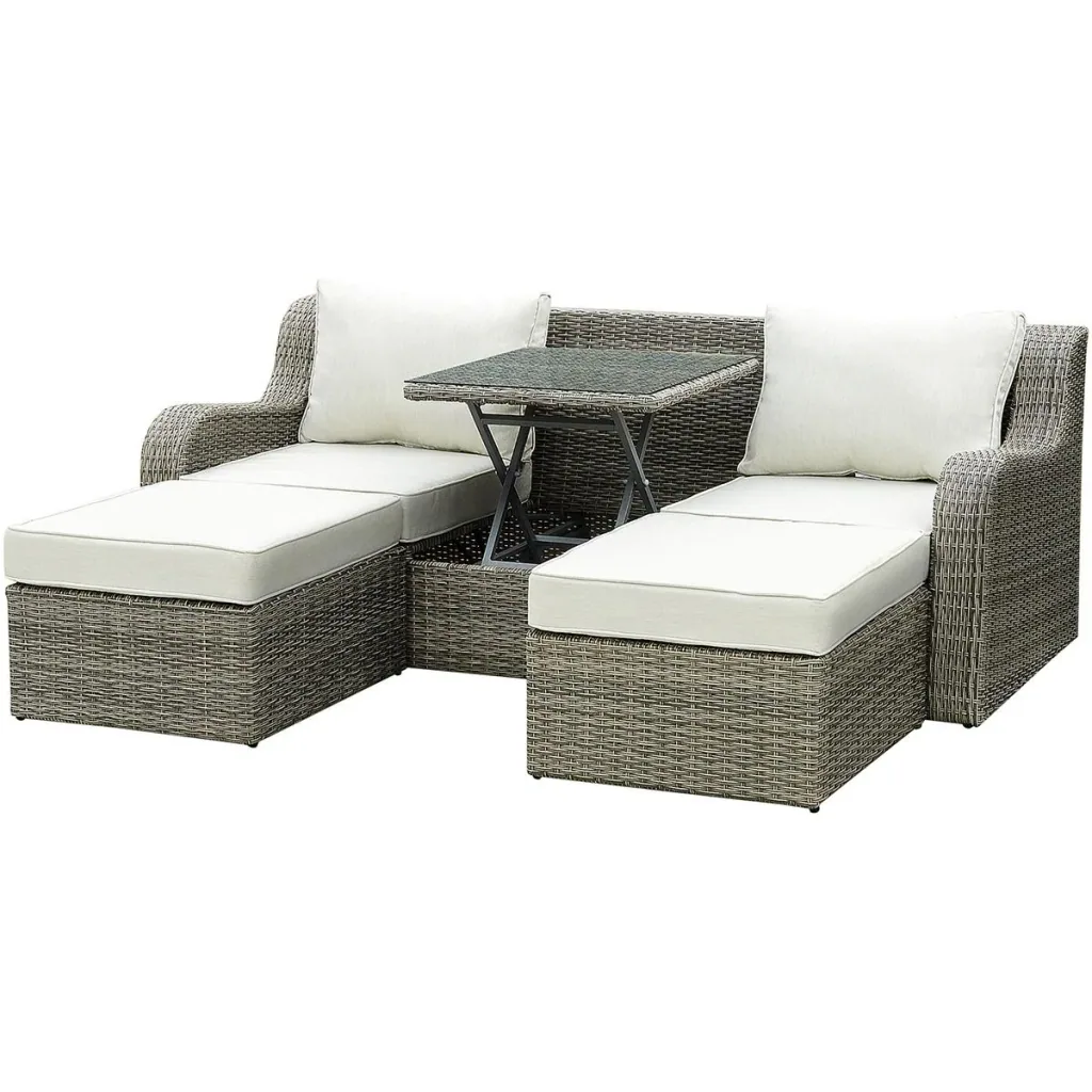 Three-piece rattan-look sofa set with folding side table, light grey+beige