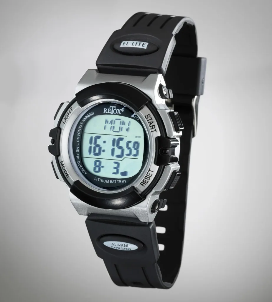 "RETOX" radio-controlled LCD wristwatch with alarm, stopwatch + date display, 3ATM