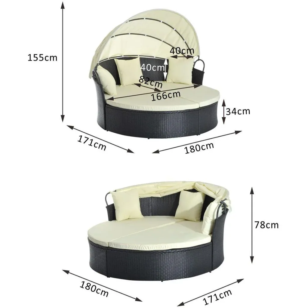 Rattan sun island including foldable roof black/cream white