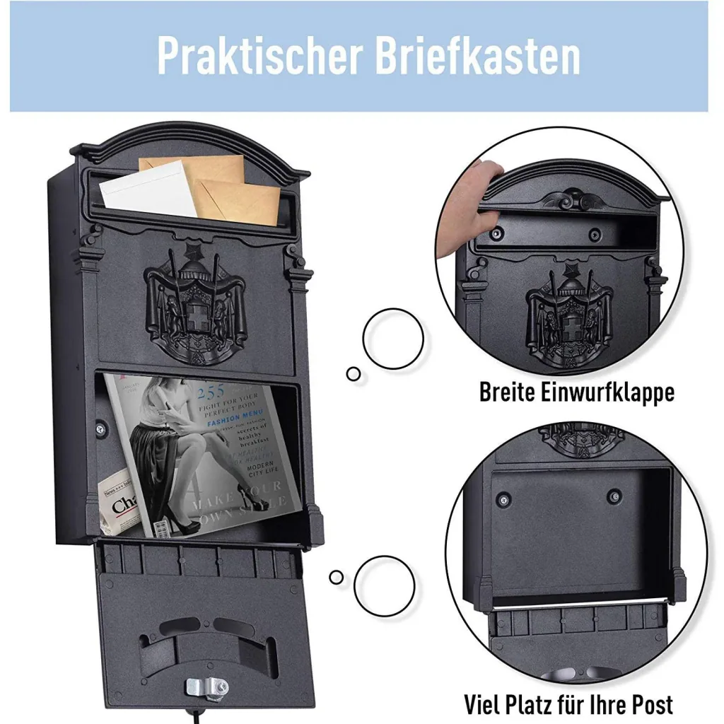 Mailbox lockable with protective flap including 2 keys aluminum black 25.5 x 8.5 x 41 cm