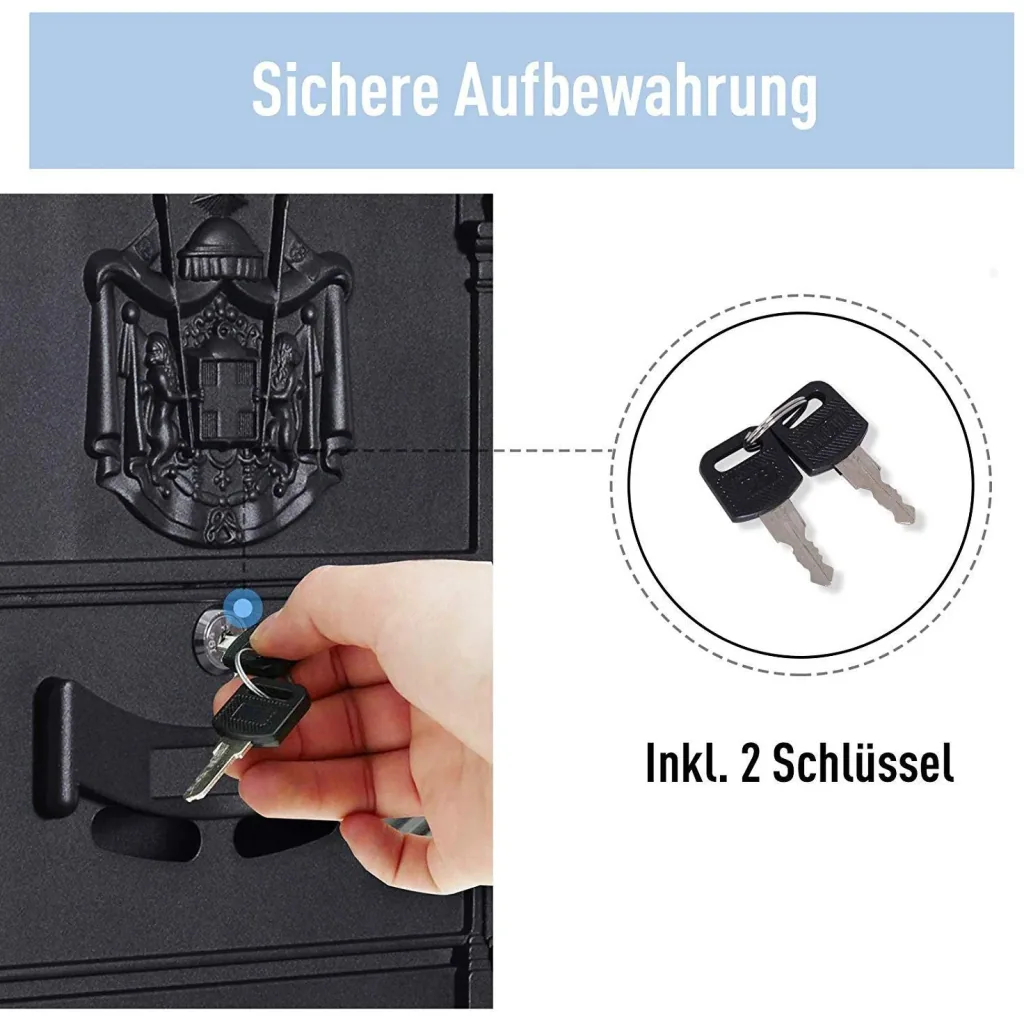 Mailbox lockable with protective flap including 2 keys aluminum black 25.5 x 8.5 x 41 cm