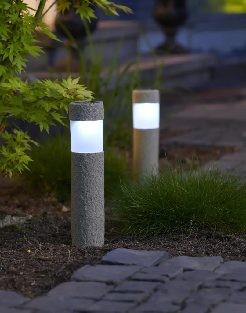 Set of 2 solar bollard lights in stone look