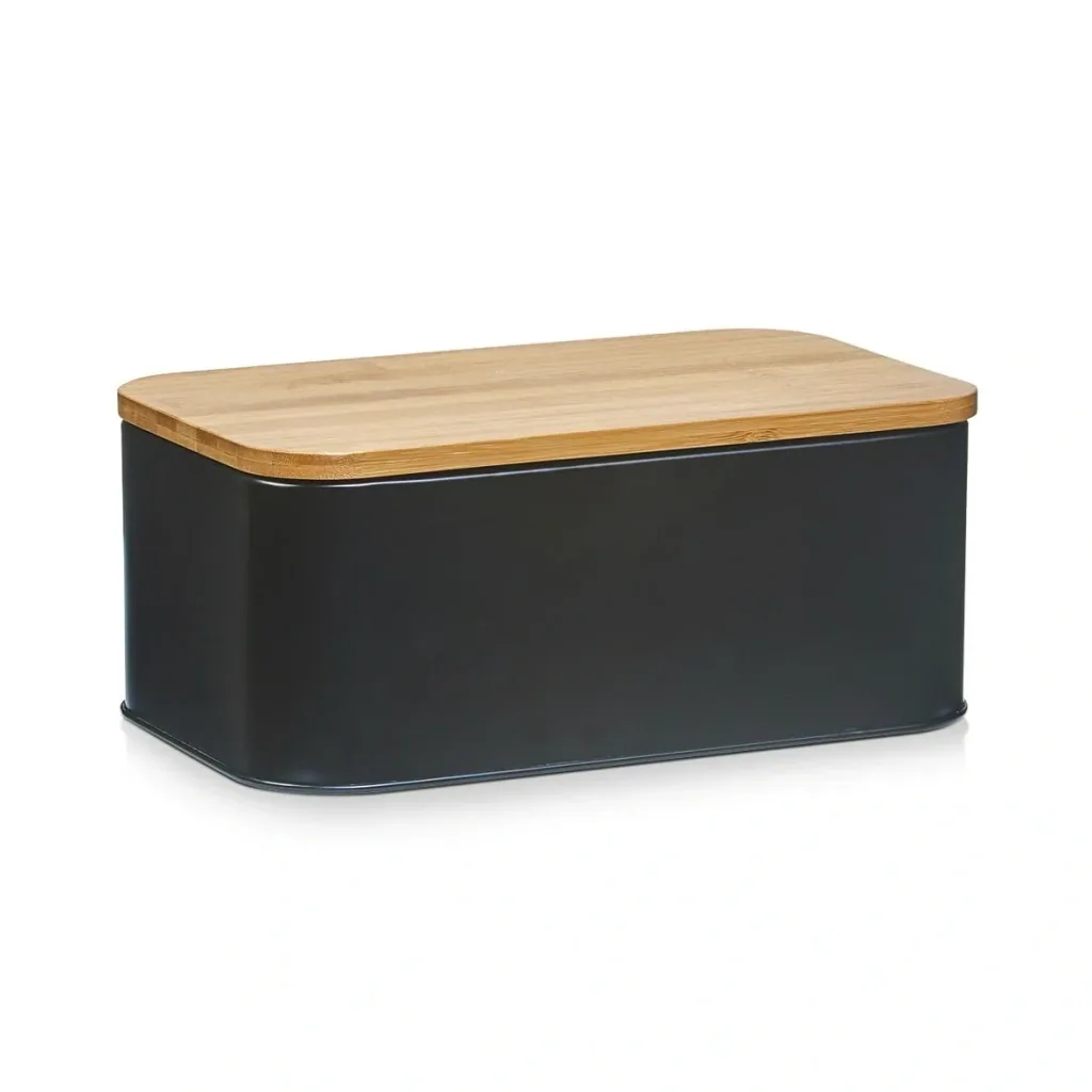 Bread bin with bamboo lid, metal, matt black