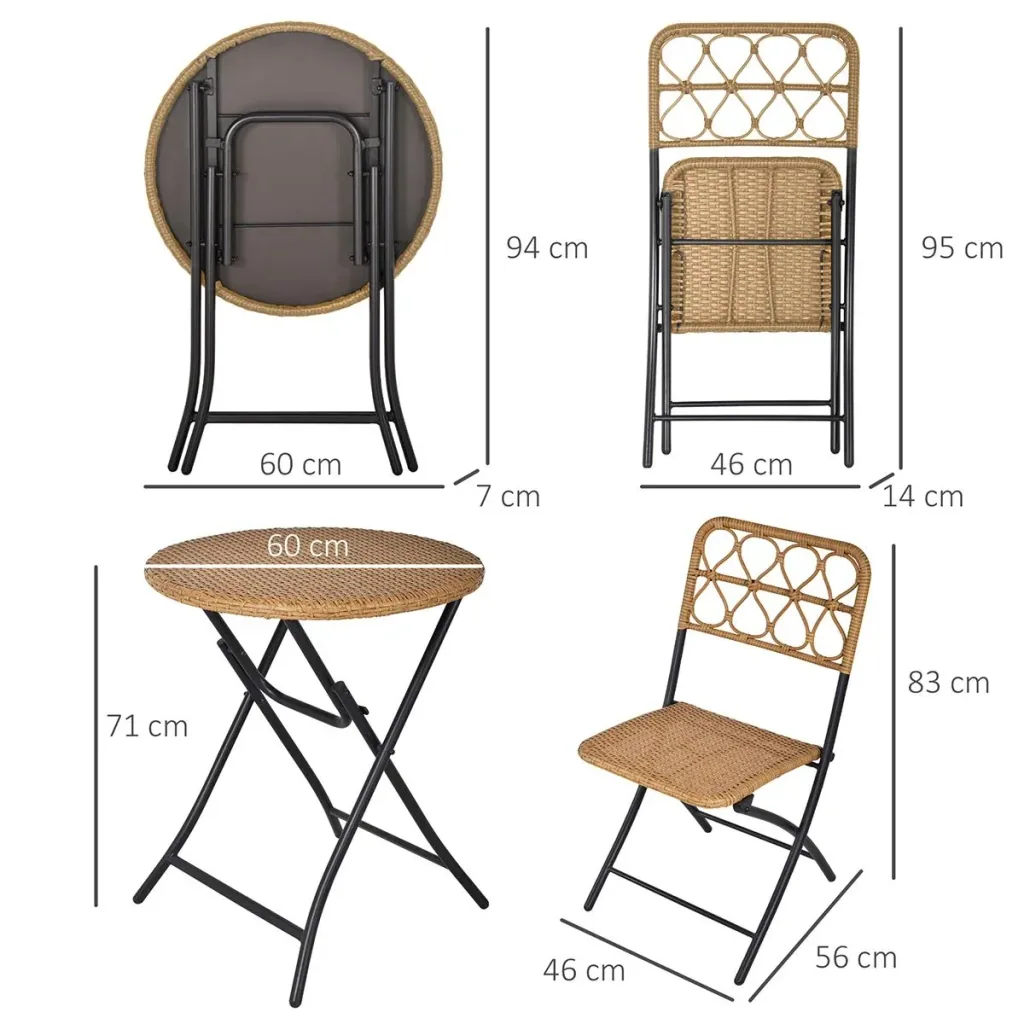 3-piece polyrattan seating group, bistro set, balcony set, 2 chairs + folding table, garden, natural