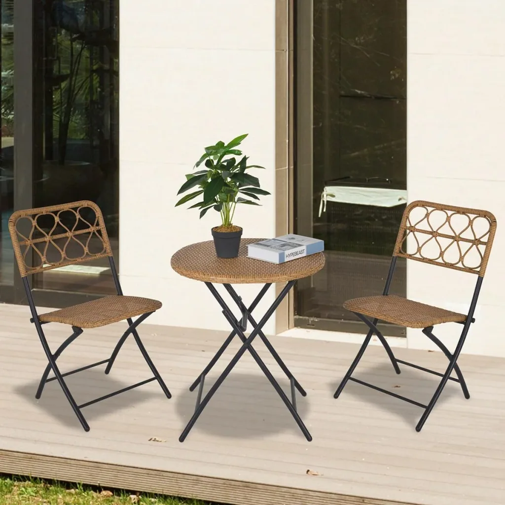 3-piece polyrattan seating group, bistro set, balcony set, 2 chairs + folding table, garden, natural