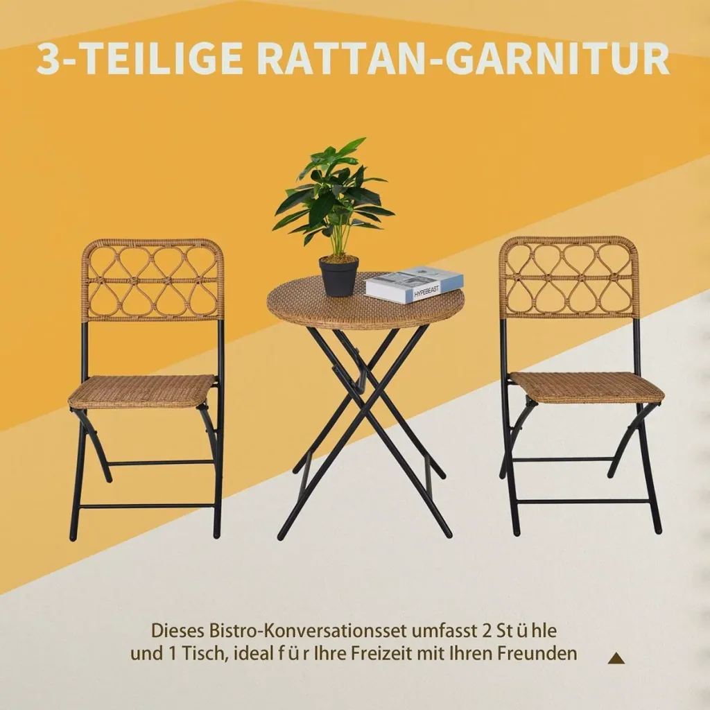 3-piece polyrattan seating group, bistro set, balcony set, 2 chairs + folding table, garden, natural