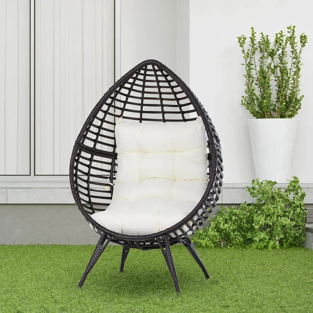 Teardrop-shaped rattan chair, garden chair with seat cushion, raised rattan chair, steel, brown, 101 x 89 x 156 cm