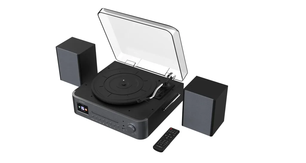 System with record player, internet, FM, DAB+/DAB radio, Bluetooth and MP3 CD player