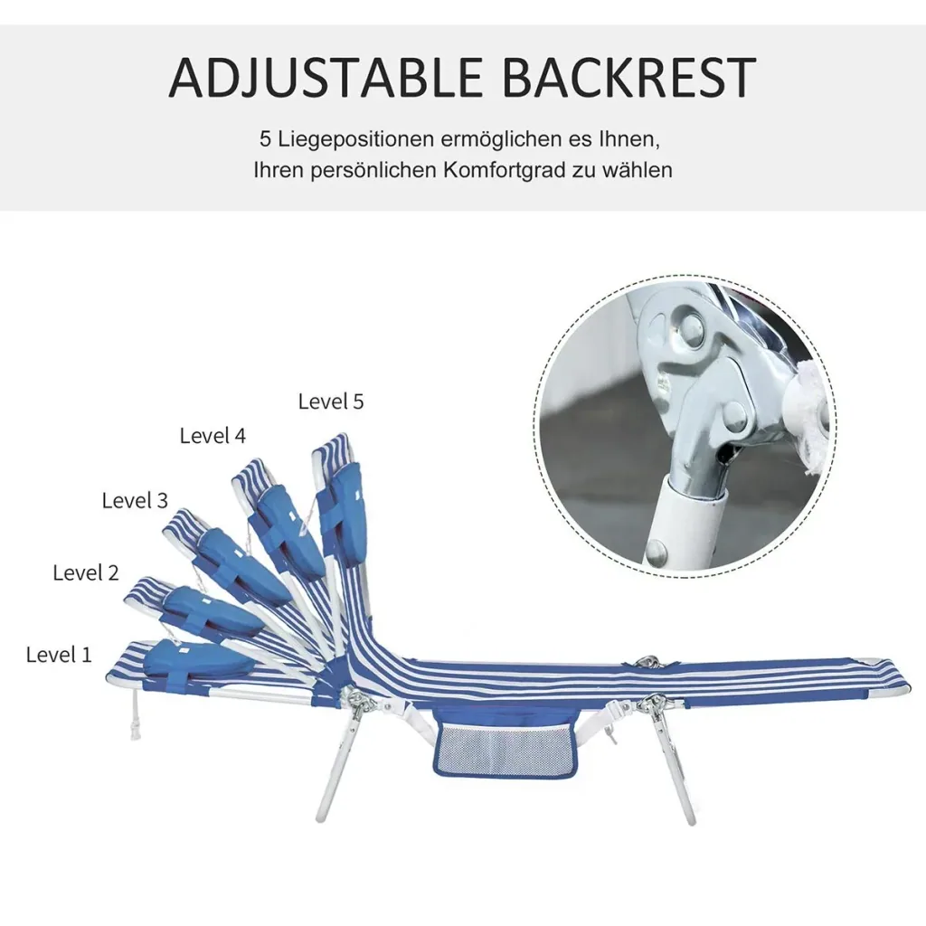 Set of 2 sun loungers garden lounger with reading opening 5-level adjustable garden furniture PVC fabric+metal blue+white 182 x 55 x