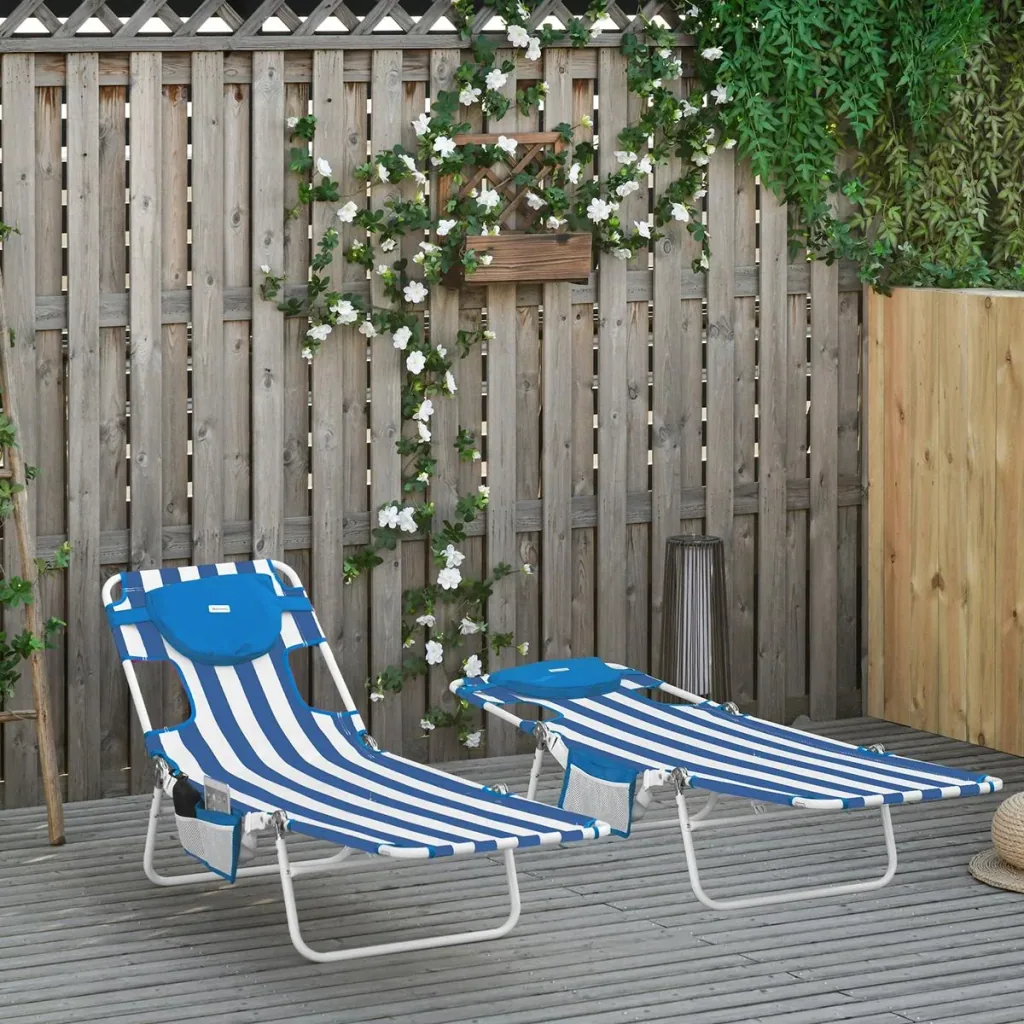Set of 2 sun loungers garden lounger with reading opening 5-level adjustable garden furniture PVC fabric+metal blue+white 182 x 55 x