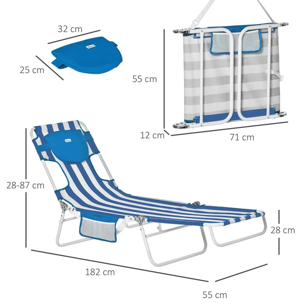 Set of 2 sun loungers garden lounger with reading opening 5-level adjustable garden furniture PVC fabric+metal blue+white 182 x 55 x