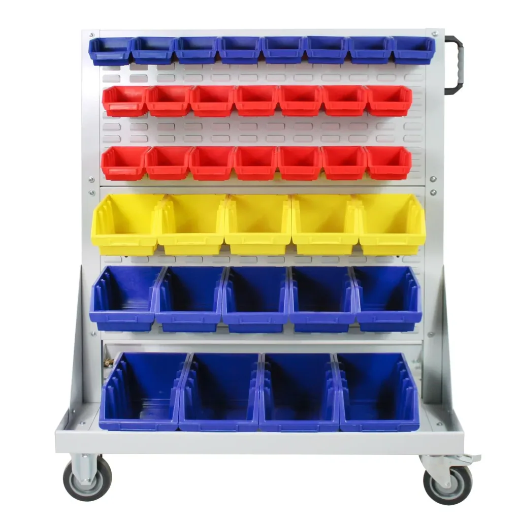 Trolley with open-fronted storage bins