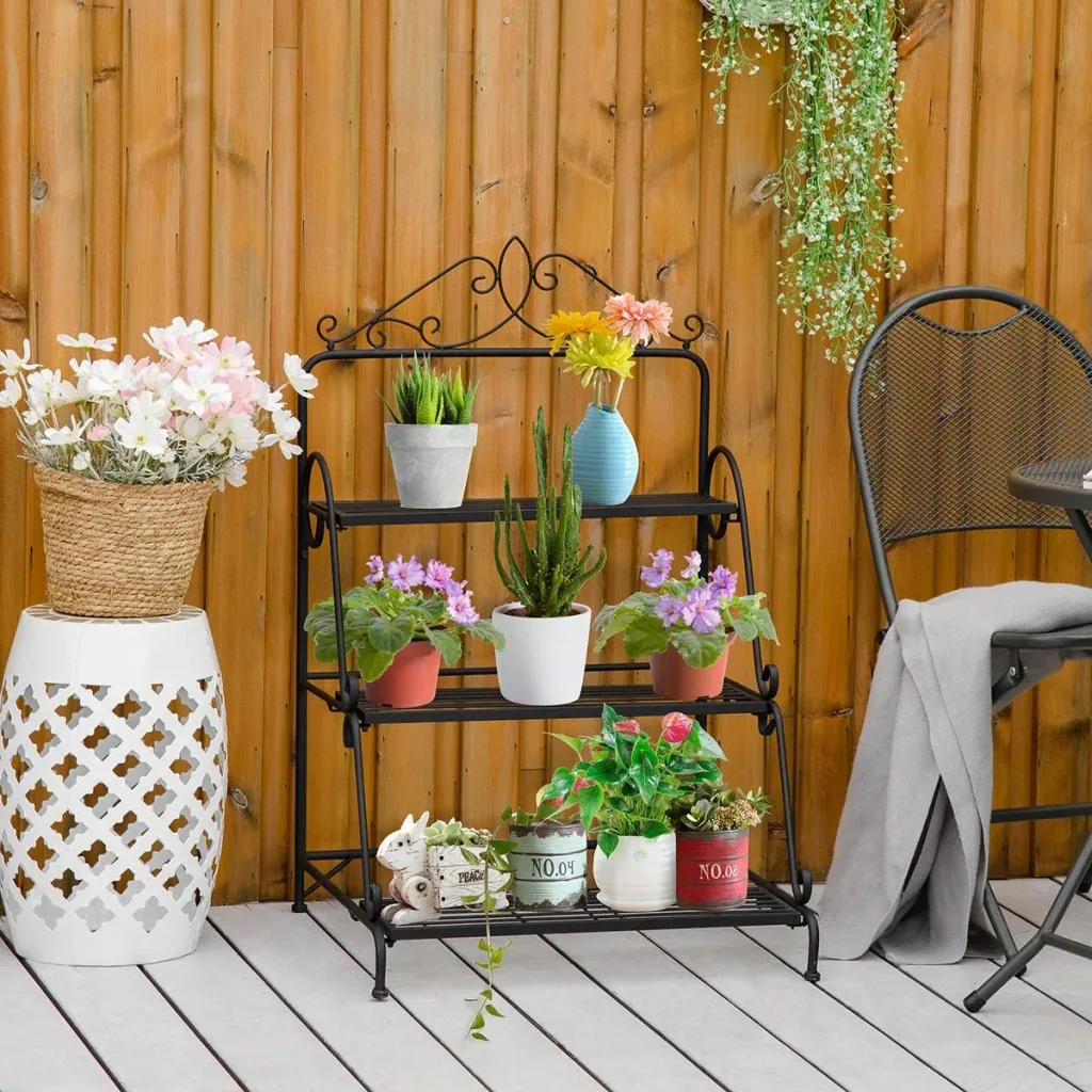 Decorative plant ladder 3 steps metal black 60.5 x 59.5 x 95.5 cm