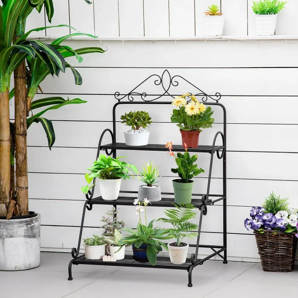 Decorative plant ladder 3 steps metal black 60.5 x 59.5 x 95.5 cm