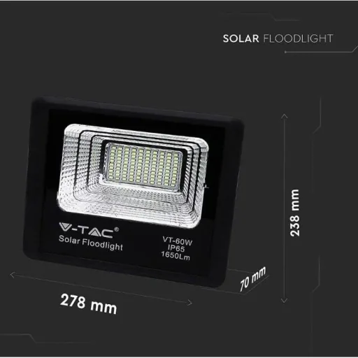 VT-60W Solar Floodlight with Solar Panel - 1650 Lm - 6000K - Black