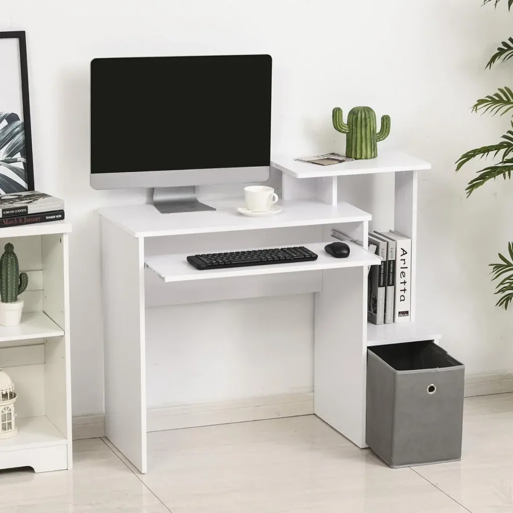 Computer desk, office desk, gaming desk, PC desk with keyboard tray, drawer, E1 chipboard, white, 100 x