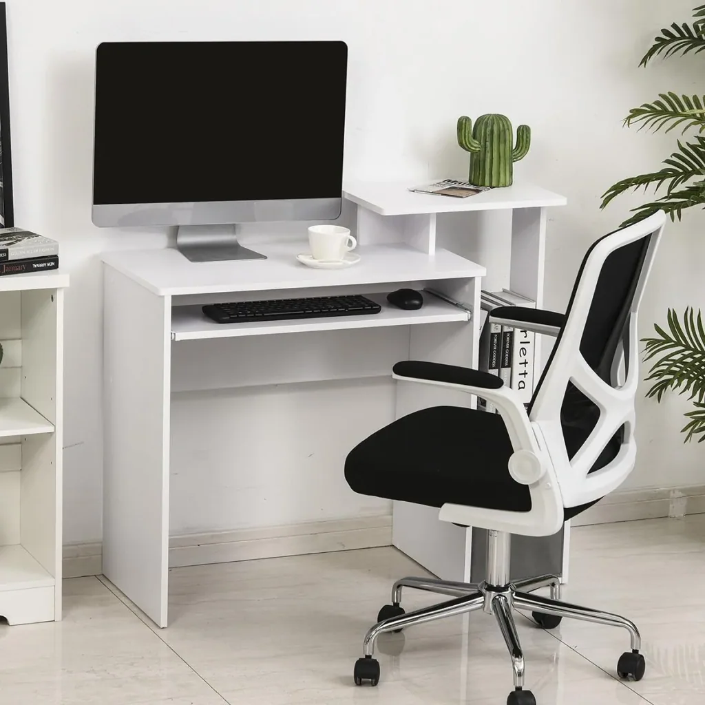 Computer desk, office desk, gaming desk, PC desk with keyboard tray, drawer, E1 chipboard, white, 100 x