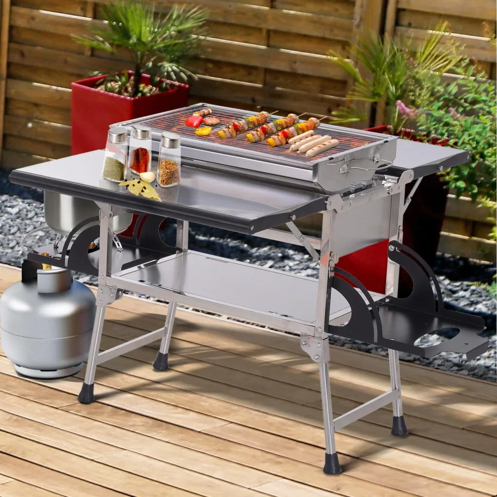 Folding grill gas grill stand grill portable table grill camping garden BBQ stainless steel silver 58 x 34.2 x 34 cm