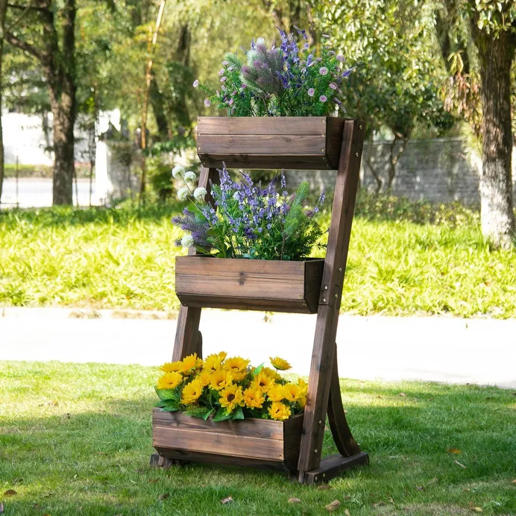 Flower ladder wooden flower ladder with 3 shelves plant ladder plant shelf plant stand flower shelf flower stand brown