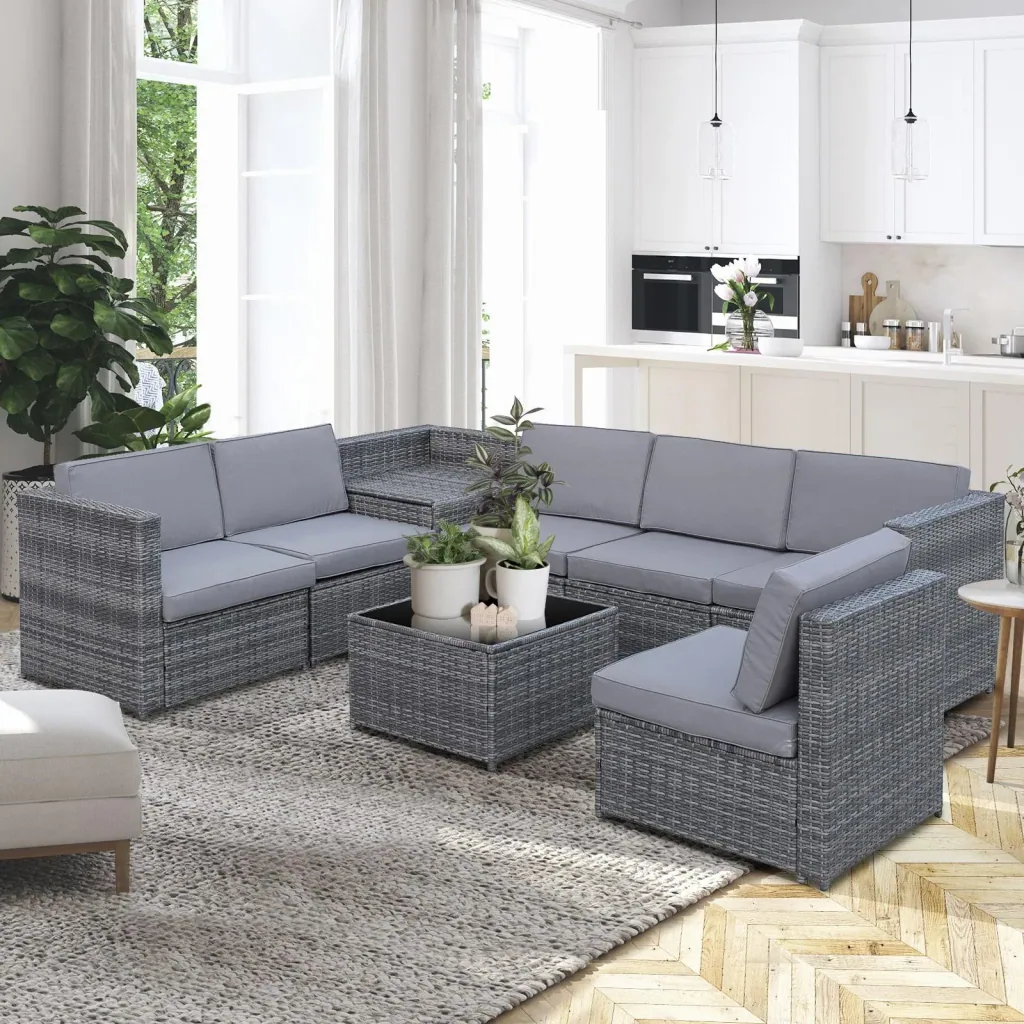 8-piece polyrattan garden set, garden furniture, garden set, seating group, lounge furniture, side table as storage basket, grey