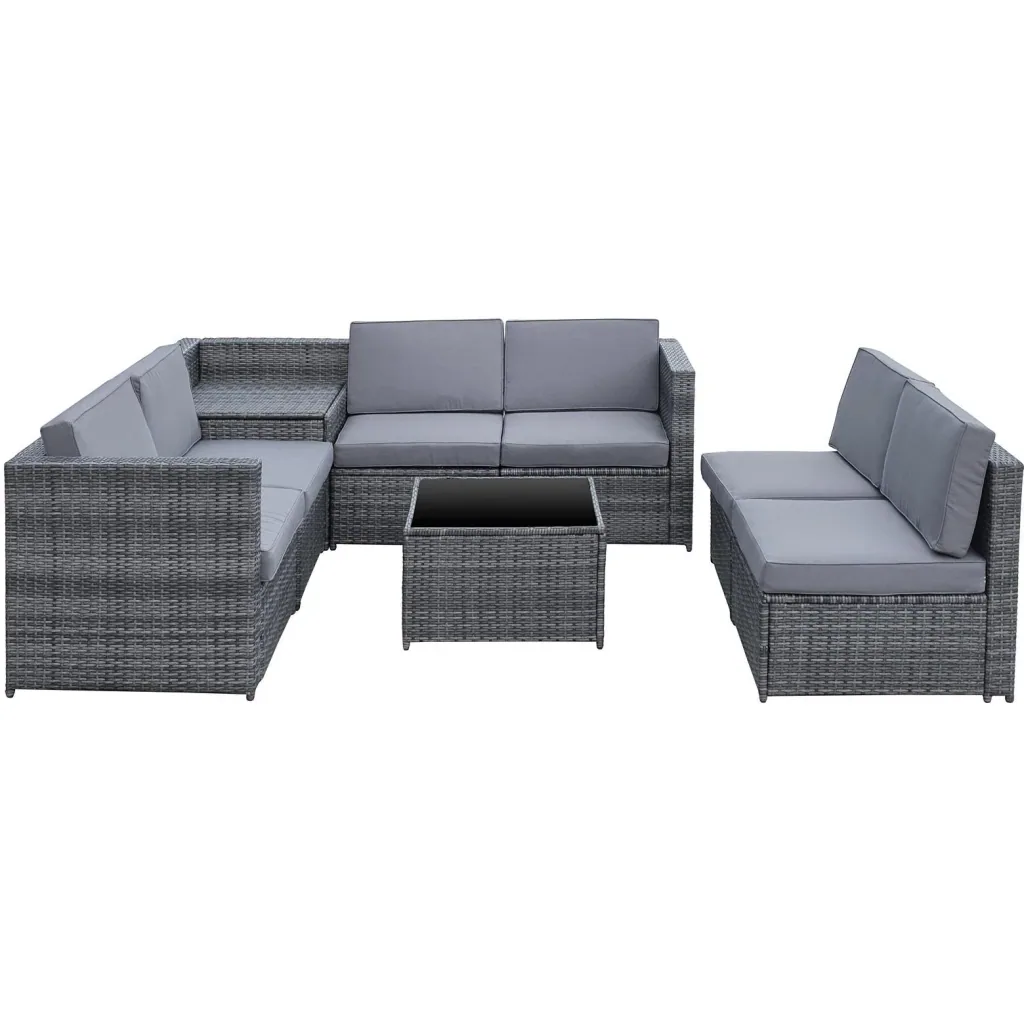 8-piece polyrattan garden set, garden furniture, garden set, seating group, lounge furniture, side table as storage basket, grey