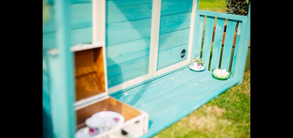 Wooden playhouse Deckhouse, outdoor playhouse for children made of wood, veranda, pitched roof, turquoise