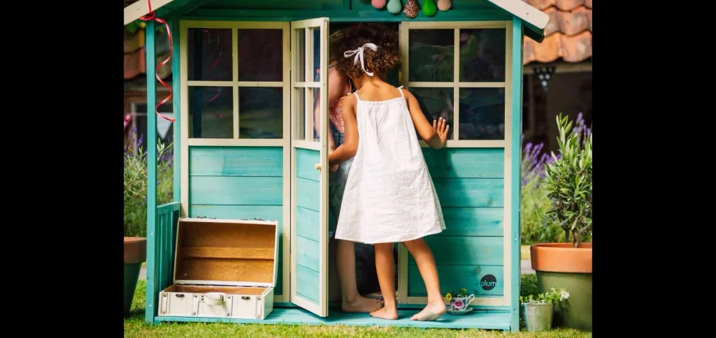 Wooden playhouse Deckhouse, outdoor playhouse for children made of wood, veranda, pitched roof, turquoise