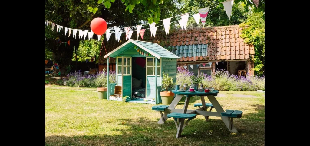 Wooden playhouse Deckhouse, outdoor playhouse for children made of wood, veranda, pitched roof, turquoise