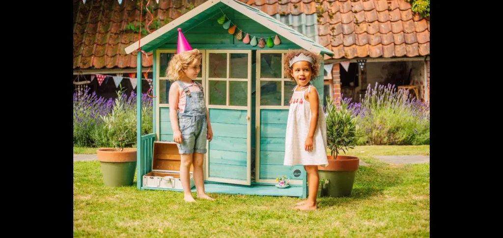 Wooden playhouse Deckhouse, outdoor playhouse for children made of wood, veranda, pitched roof, turquoise