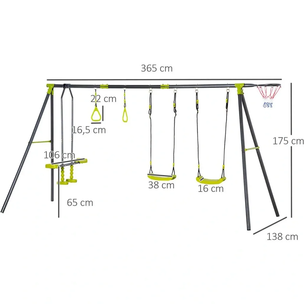Swing frame for children 3-10 years, green+black, 365 x 138 x 175 cm