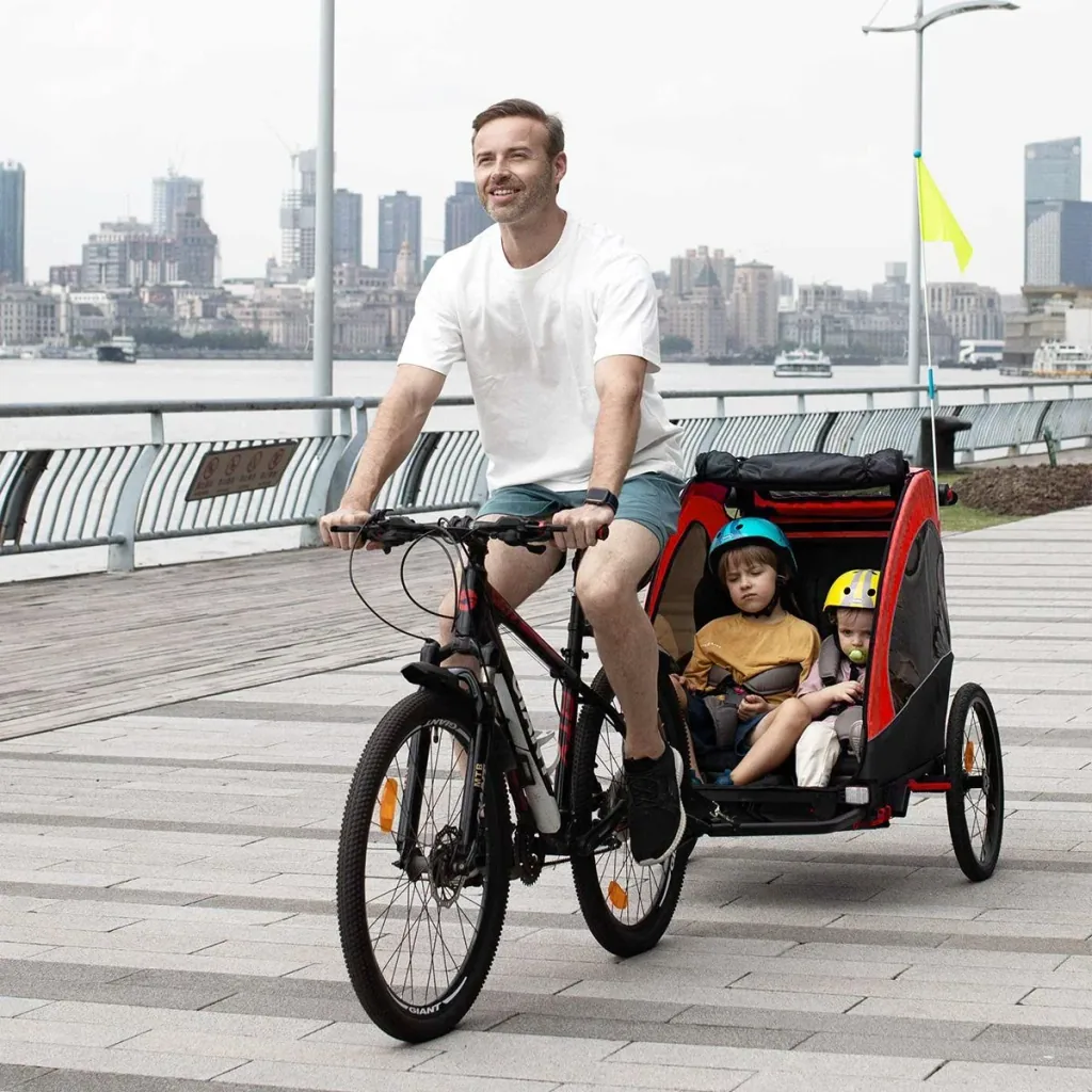 3 in 1 child trailer aluminum children jogger bike trailer bike trailer for 2 children with flag red + black