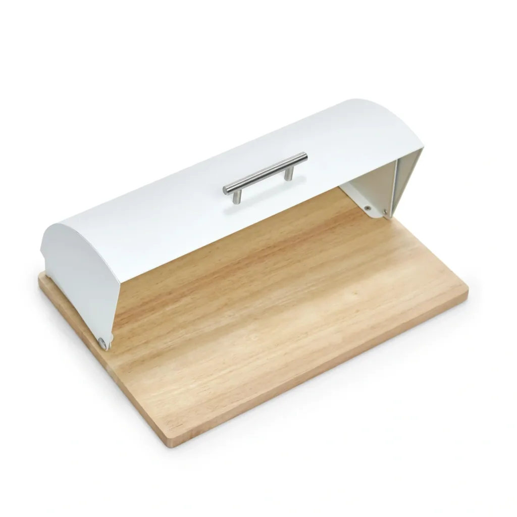 Bread bin, metal/rubber tree, white
