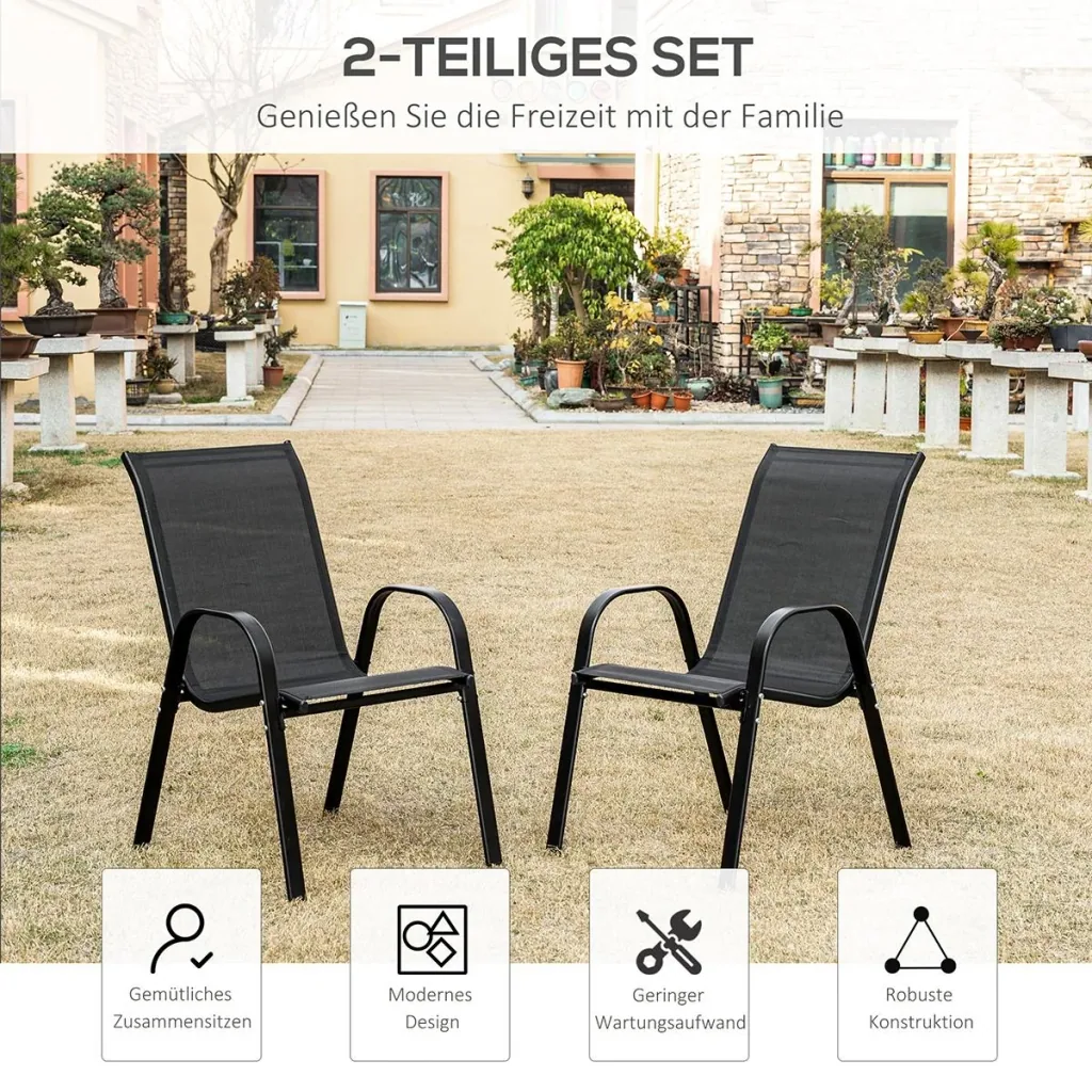 Set of 2 garden chairs, stackable chairs with armrests, dining chairs, garden, metal mesh, black, 70 x 54 x 90 cm
